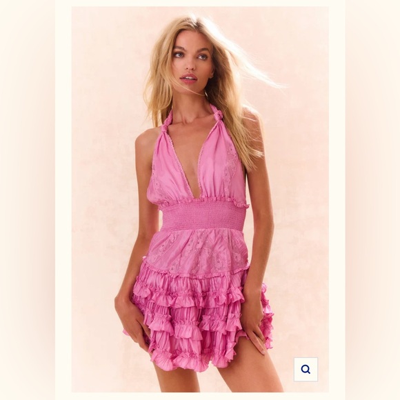 Love Shack Fancy- Quintelle Ruffle Halter Mini Dress- Tulip Pink - Picture 2 of 13